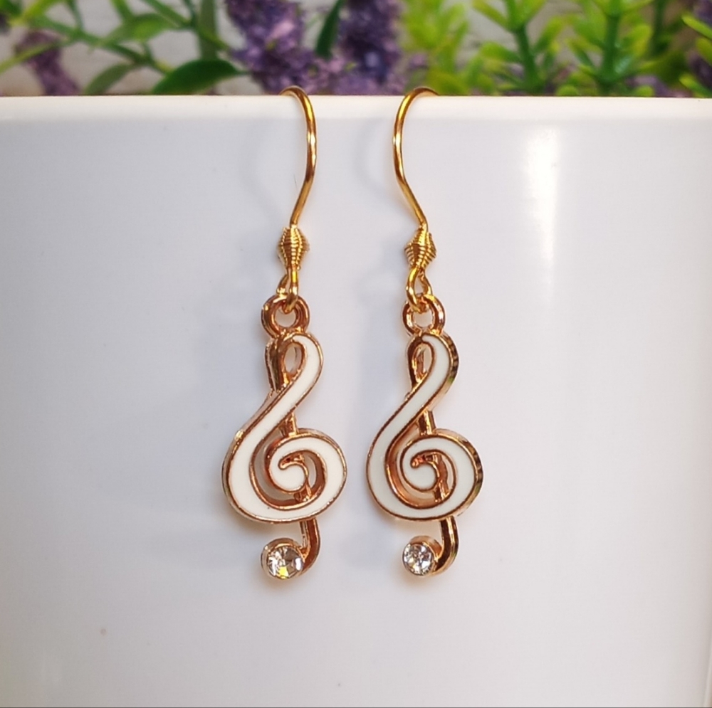 White Enamel Treble Clef Dangle Hook Earrings with Jewel